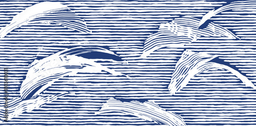 Hand drawn Japanese inspired wave pattern featuring flowing brush lines over horizontal strokes. Organic, rhythmic, and dynamic, evoking traditional sea waves with a modern abstract feel.