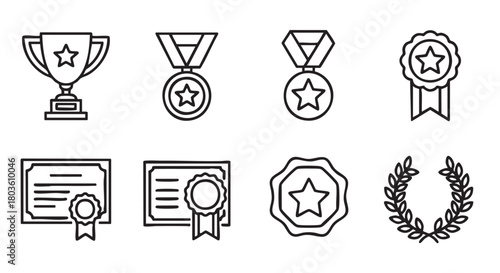 Achievement icons for success including trophy medal and diploma certificate