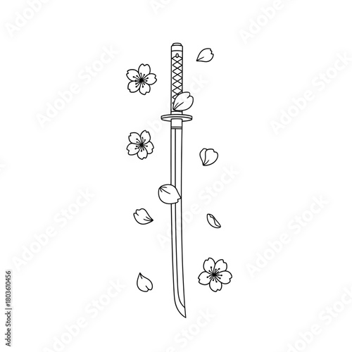 Graceful Japanese Katana Sword with Delicately Falling Cherry Blossoms - An Emblem of Warrior Tradition and Transient Beauty