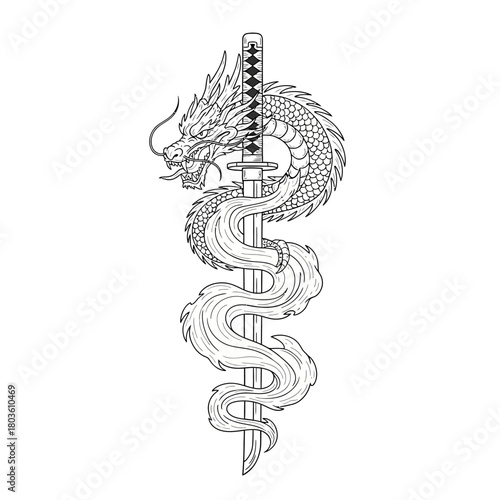 Intricate Line Art Illustration of a Mythical Dragon Coiled Around a Traditional Japanese Samurai Sword, Symbolizing Strength and Honor