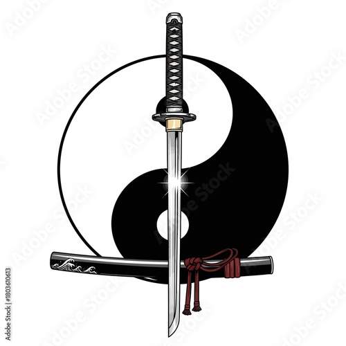 Striking Japanese Katana Sword with Yin Yang Symbol, Embodying Ancient Warrior Philosophy, Harmony, and Duality