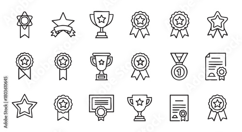 Awards and Achievement Line Icons Set of Badges and Cups Prizes