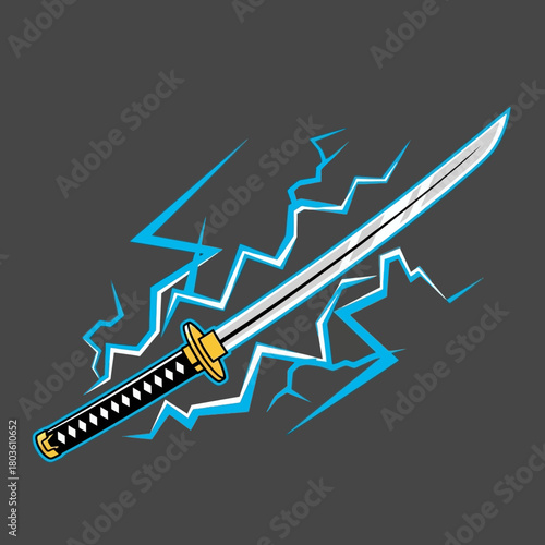 Dynamic Katana Sword Illustration with Electric Lightning Effect - Powerful Ancient Blade with Energy