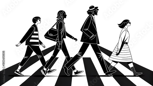 a striking black and white illustration depicts four fashionable figures crossing a zebra crossing reminiscent of the abbey road album cover style