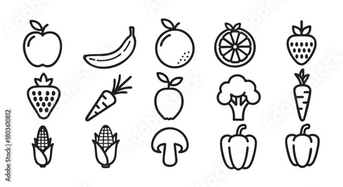 Black and white drawing of fresh fruit and vegetable icons