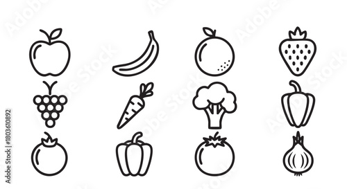 Black and white line art of fruit and vegetables healthy food