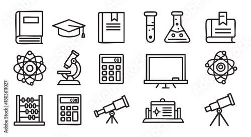 Black and white outline icons of education science math tools