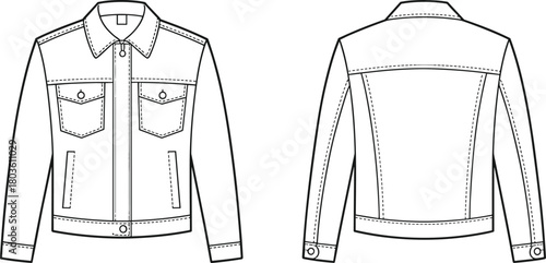 Classic denim jacket technical flat sketch, front and back fashion drawing with zipper placket, flap pockets, seams, stitching, apparel garment design illustration