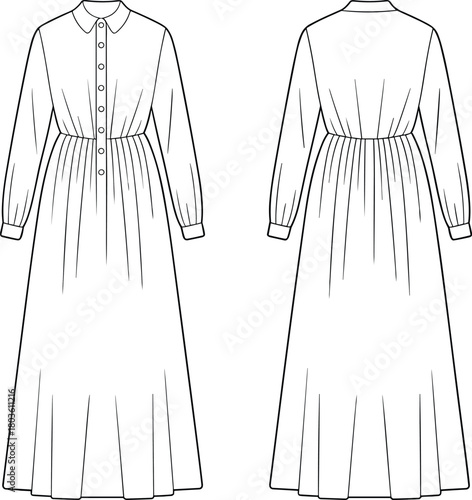 Long sleeve maxi dress front and back technical flat sketch, elegant gathered waist fashion design template, detailed clothing outline for apparel illustration