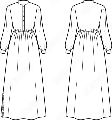 Long sleeve maxi dress technical flat sketch with back button closure, gathered waist, cuffed sleeves, minimalist fashion design template illustration