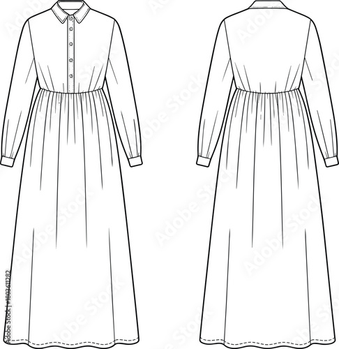 Long sleeve maxi dress technical flat sketch with front and back view, detailed fashion design template illustration