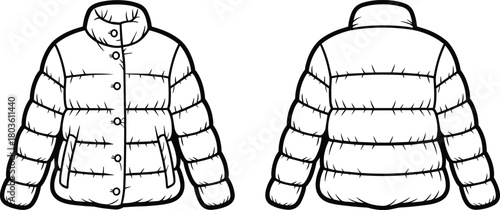 Puffer jacket technical flat sketch with front and back views, winter padded outerwear fashion illustration template for garment design and development