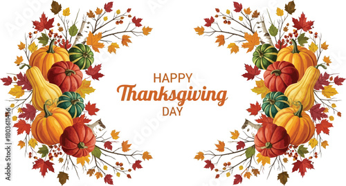 Happy Thanksgiving Day with Pumpkins, Gourds & Autumn Leaves – Festive Fall Design for Greeting Cards, Social Media & Party Decor