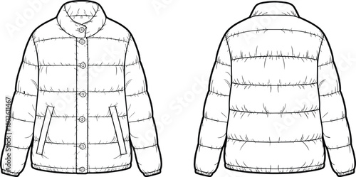 Puffer jacket technical flat sketch with front and back views, winter padded outerwear fashion illustration template for garment design and development