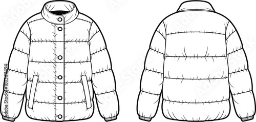 Puffer jacket technical flat sketch with front view and back view, padded outerwear design template for fashion illustration and garment development