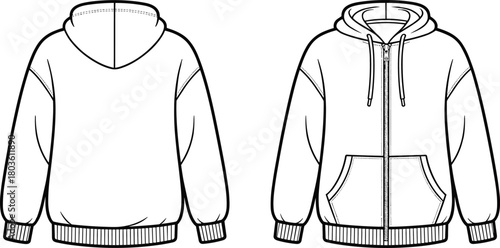 Vector flat sketch of classic zip-up hoodie with front and back views, detailed drawstring hood, kangaroo pockets, ribbed cuffs, fashion design template