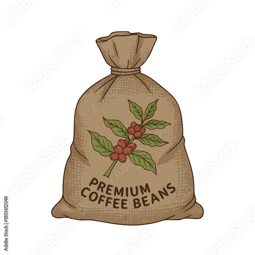 Simple flat-drawn coffee bean bag in natural colors, isolated on white background
