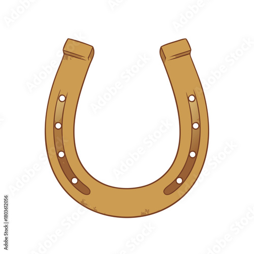 Golden horseshoe flat illustration in natural colors on white with copy space