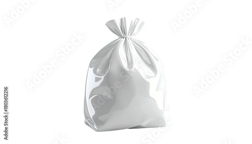 Knotted, shiny, white plastic bag floats on a black background