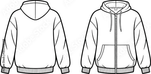 Vector technical flat sketch of classic zip-up hoodie with drawstring hood and kangaroo pockets, detailed front and back apparel design template