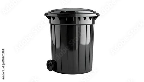 Shiny black garbage can, wheel visible, against dark background