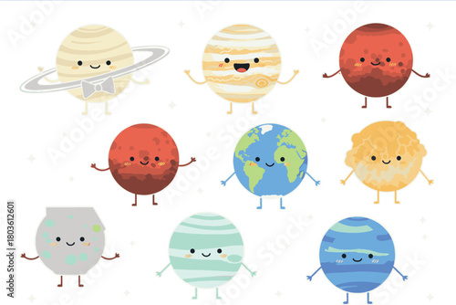 Charming Hand-Drawn Planetary Friends Whimsical Vector Collection for Educational and Child-Friendly Designs