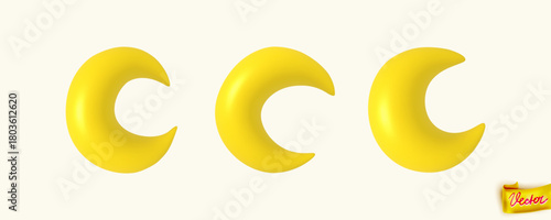 Soft yellow crescent moon set in a baby style. Glossy pastel shapes for nursery decor, kids designs, dreamy graphics and cute illustrations