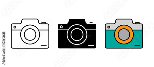 Camera Icon showing a simple photography and media capture symbol for apps, devices and digital tools, with stroke, filled and colored icon vector illustration ideal for UI/UX.