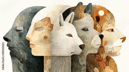 Abstract human and animal faces layered together in textured collage with earthy tones, blending nature and emotion in harmonious artistic composition