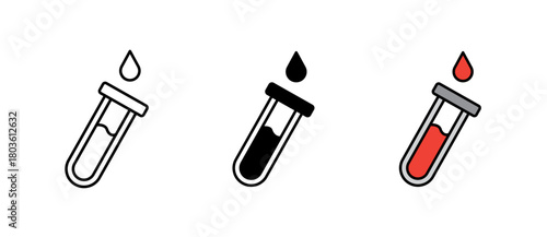 Blood Test Icon showing a clean lab analysis and sample testing symbol for medical and healthcare use, with stroke, filled and colored icon vector illustration ideal for UI/UX.