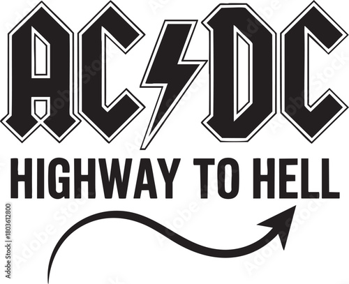 The iconic ACDC Highway to Hell album logo featuring devil horns and a devil tail with an arrow.