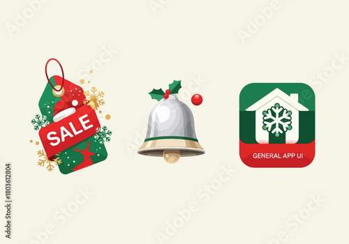 Three Christmas-themed icons: a sale tag, a bell with holly, and an app icon with a snowflake inside a house.
