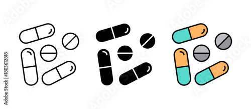 Pills Icon showing a simple medication and pharmacy symbol for medical and healthcare use, with stroke, filled and colored icon vector illustration perfect for apps and UI/UX.