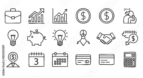 Business icon set drawn in doodle style with black outline