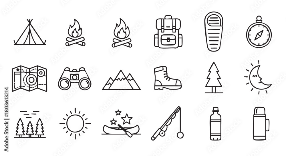 Fototapeta premium Camping adventure icons in minimalist black and white style set