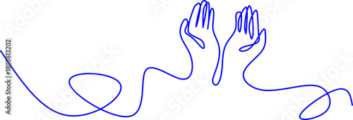 Minimalist single-line drawing of two raised hands connected by flowing curves, symbolizing greeting, support, unity, and expressive abstract communication.
