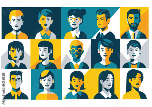 Stylized vector portraits of diverse people representing modern professional identities in a flat design grid
