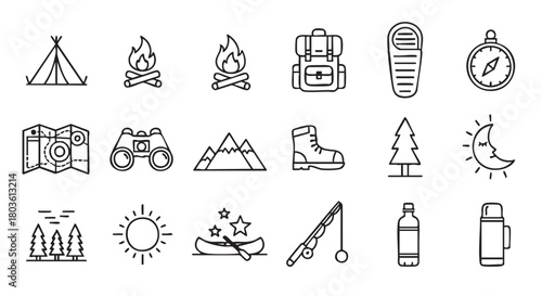 Camping adventure icons in minimalist black and white style set