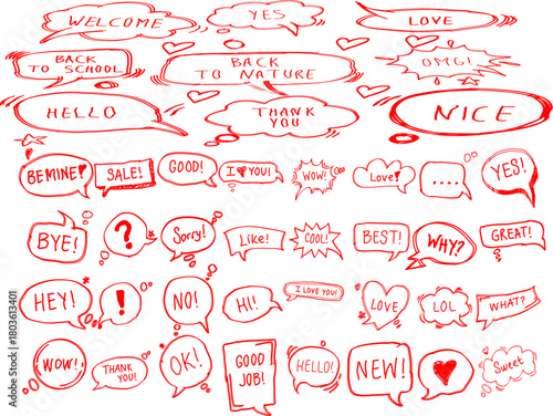 Hand-drawn red speech bubbles filled with fun words, icons, and expressions. A playful doodle set perfect for comics, stickers, social media designs, and creative graphic projects.
