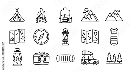 Camping Adventure Outline Icons Set on White Background for Designers