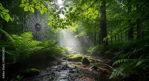 Enchanting forest stream bathed in ethereal sunbeams.