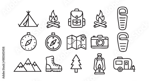 Camping and Hiking Icon Set in Black and White Illustration Style