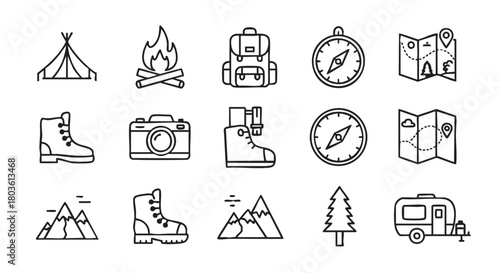 Camping and adventure vector icons for outdoor trip and vacation