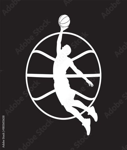 A dynamic white silhouette of a basketball player mid-air, performing a dunk, set against a circular basketball graphic.
