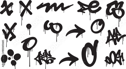 Collection of black graffiti tags and symbols with dripping paint effect on white background