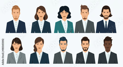 Diverse Business Professionals Flat Vector Portraits of Men and Women in Suits