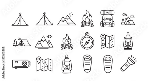 Camping icons representing outdoor adventures and recreational activities for leisure