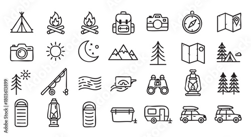Camping icons set vector illustration outdoor adventure elements in black and white