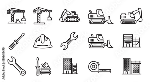 Collection of construction and repair equipment icons in black and white