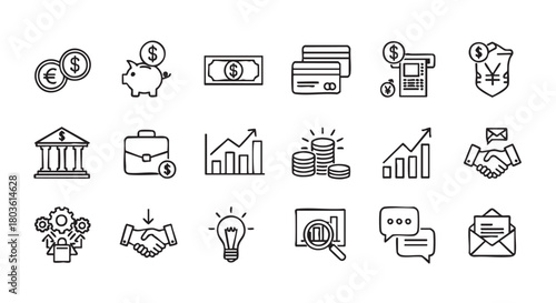 Collection of doodle style business and finance icons on white background